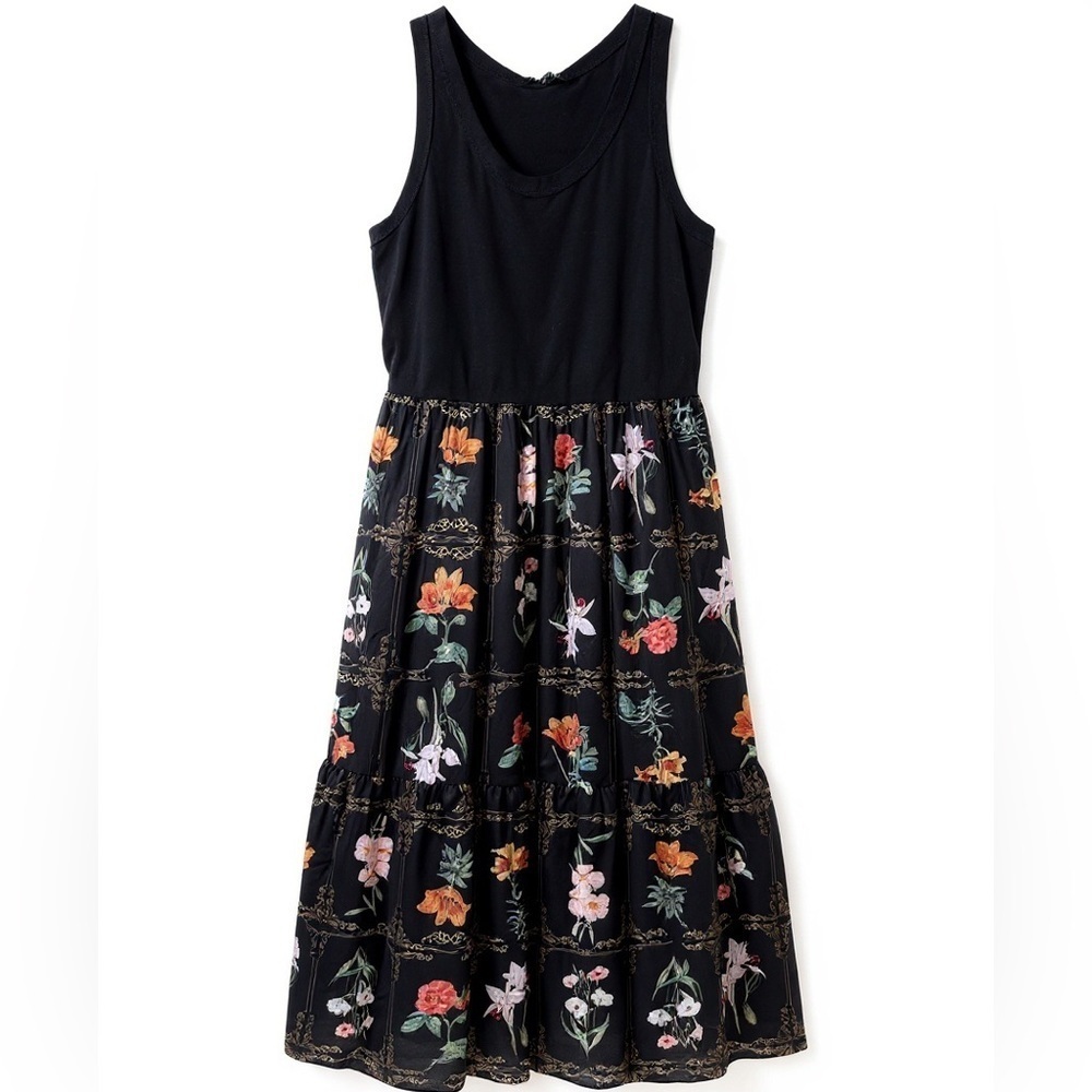 TASH + SOPHIE Black Floral Midi Maxi Dress Sleeveless Size L Satin Skirt